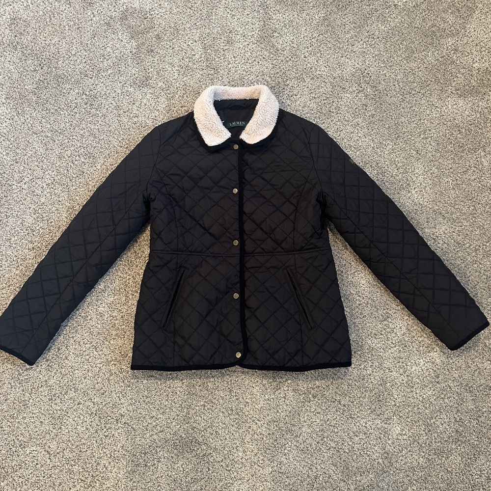 Ralph Lauren Black Quilted Jacket with Shearling Collar